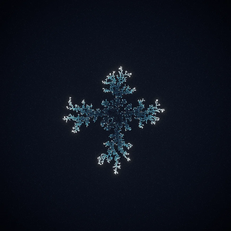 an open dendrite, its front still reaching — the frost palette
