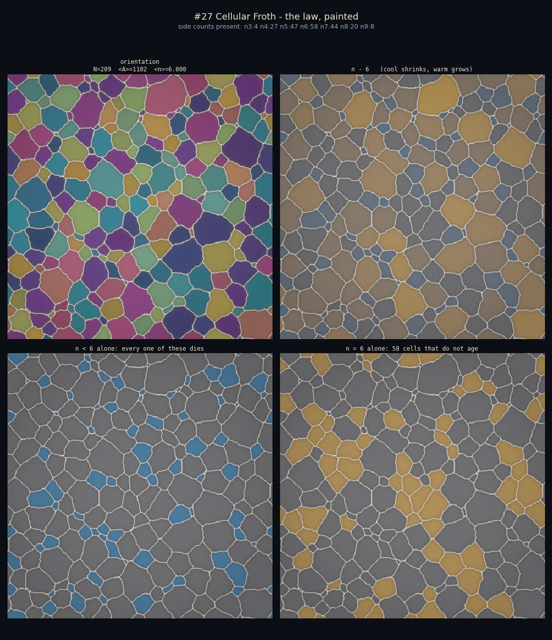 the law decomposed — the orientation map, the n−6 verdict painted onto it, the doomed alone, the timeless alone; the side-count histogram peaks at six