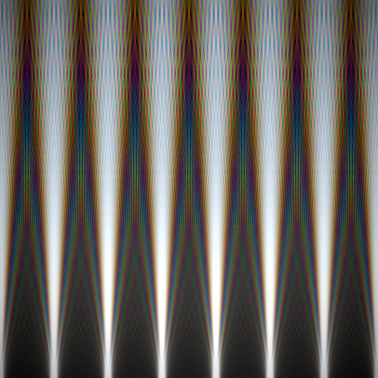 the shadow spires — narrow slits invert the white-light fan; the bars' shadows fray into rainbow