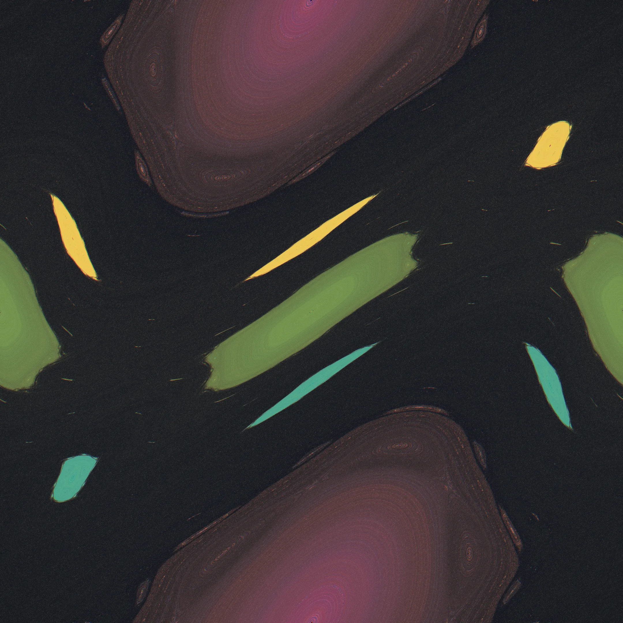 the flood — stained glass in dark water; island chains keep their colour inside the mixing sea